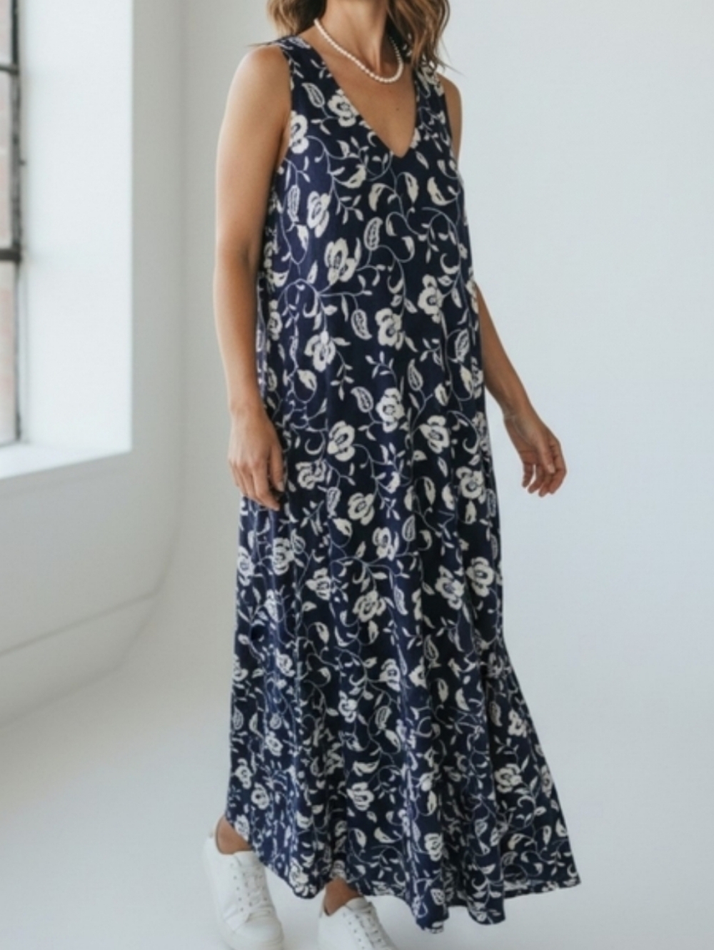 J. Jill "Wearever" Navy and White Floral Maxi Dress XSP